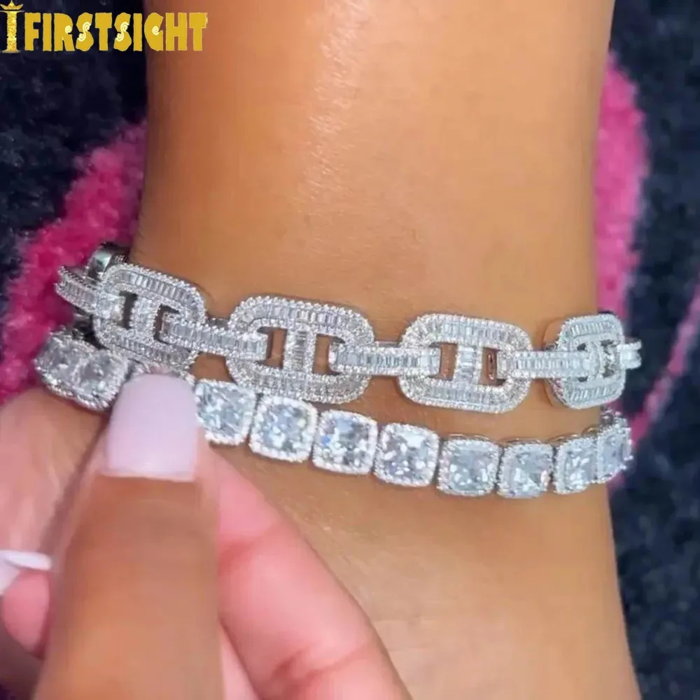 Anklets Square Charm Anklet 10mm Iced Out Bling Silver Color 5A CZ Zircon Tennis Chain chains for Women Hiphop Jewelry 231216