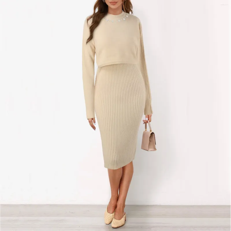 Werkjurken Dames Temperament Effen Gebreide Jurk Casual Lange Mouw Trui Bodycon 2 Delige Set Koreaanse Mode Jumper Midi