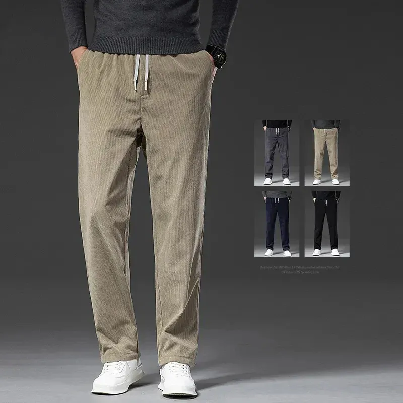 Calças masculinas outono inverno veludo casual cintura elástica negócios solto em linha reta cáqui preto grosso calças masculinas roupas de marca 231216