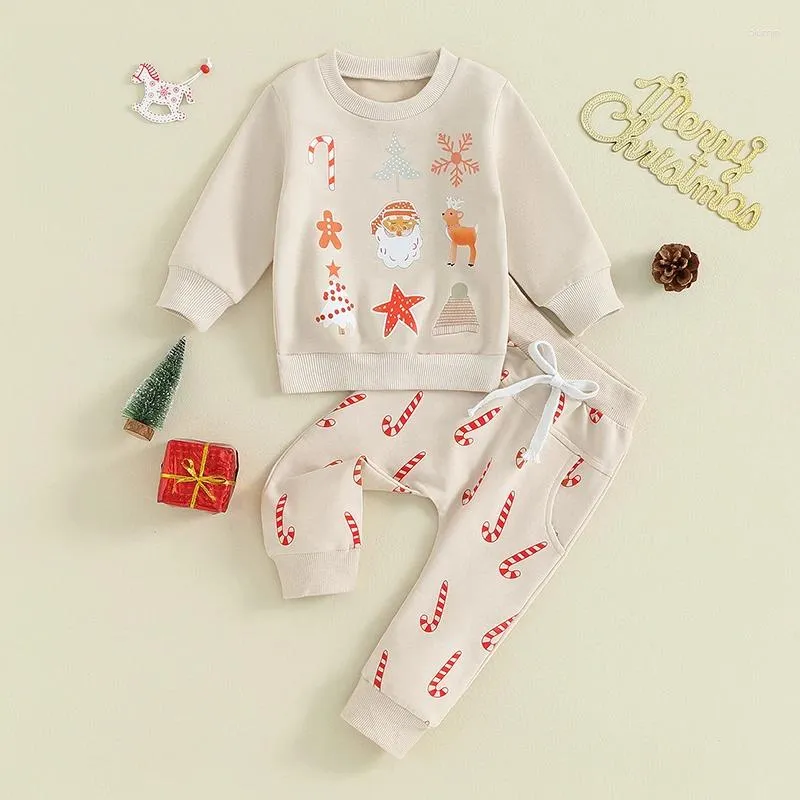 Set di abbigliamento Set di pantaloni nati per neonata Felpa con stampa di canna da biscotto natalizio e tute per bambini elastiche in vita