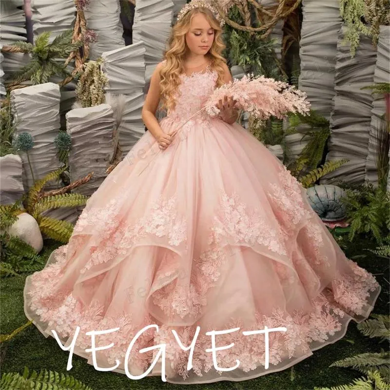 Vestidos de niña, apliques florales de encaje, vestido de princesa esponjoso de flores, boda con gradas para niños, vestidos de fiesta para ocasiones formales