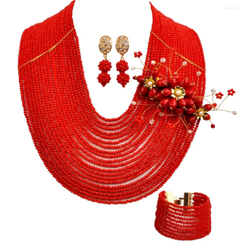 Necklace Earrings Set 20 Rows 4mm Opaque Red Crystal Beaded African Wedding Bridal Costume Bracelet