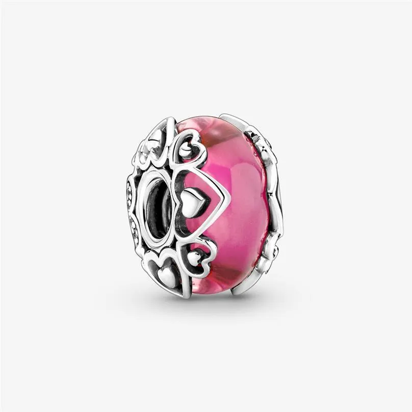 100% Argent Sterling 925 Révélez votre amour Breloques en verre de Murano rose adaptées au bracelet à breloques européen original mode femmes mariage Enga337Z