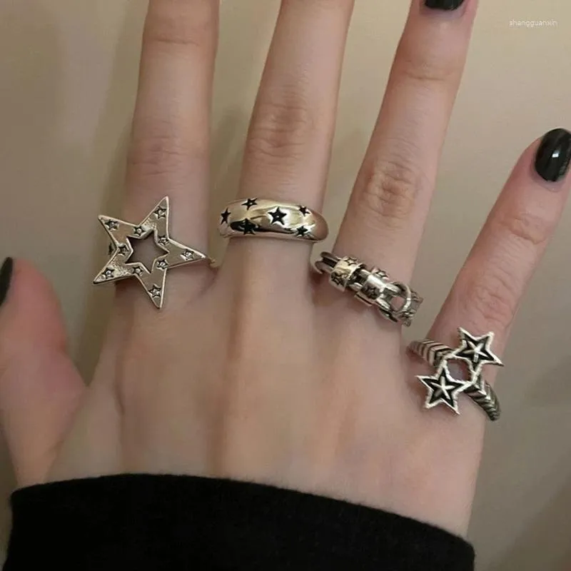 Rings cluster harajuku y2k stella nera colore argento per donne vintage geometriche irregolari cavi dita di dito creativa gioielli