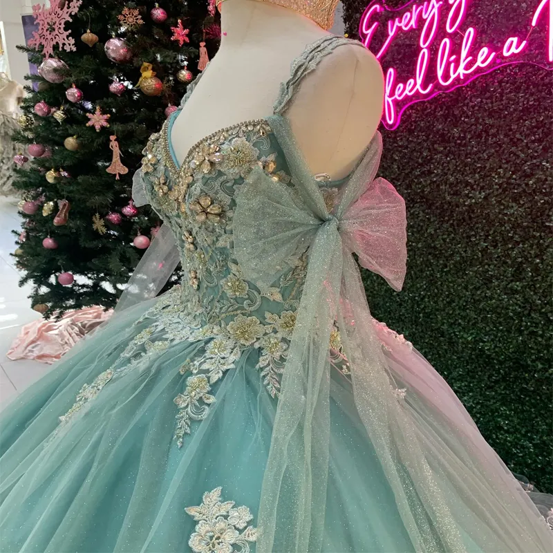 Mint Green Puffy Skirt Princess Quinceanera Dresses Off shoulder Applique Lace Beads Gillter Lace-up Corset Charro vestido xv 15 anos