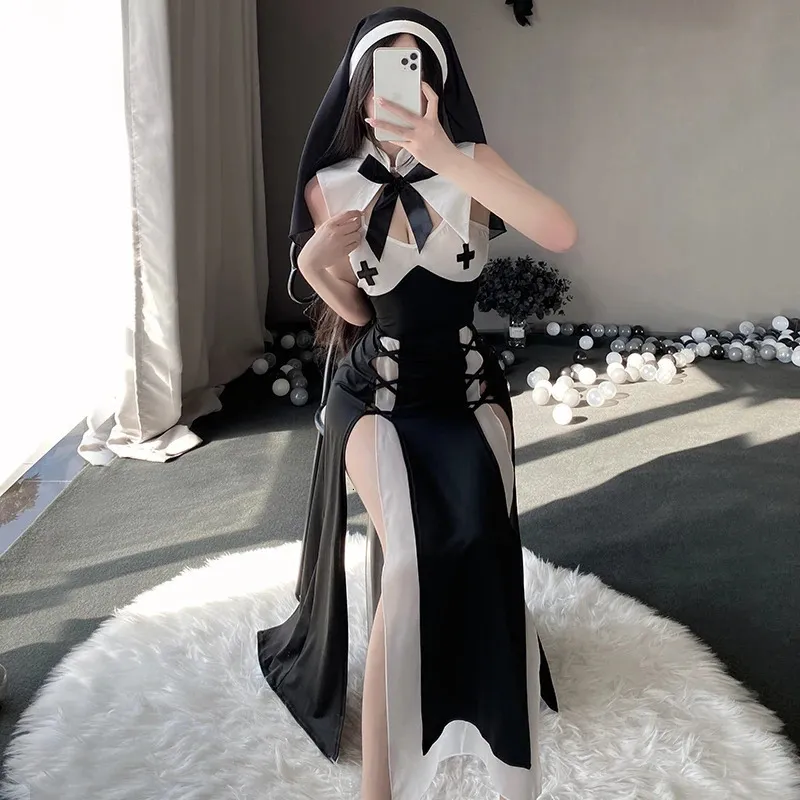 Sexy Set Nun Cosplay vrouwen Lingerie Kawaii Zwart Hol Jurk Halloween Passie Uniform Anime Meid Kostuum Pak 231216