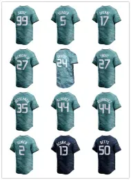 Aaron Judge 99 Ohtani 17 Trout 27 Guerrero Jr. Griffey 24 Seager 5 Rutschman 35 Alvarez 44 Rodriguez Semien Perez 2023 All-Star Jersey Teal