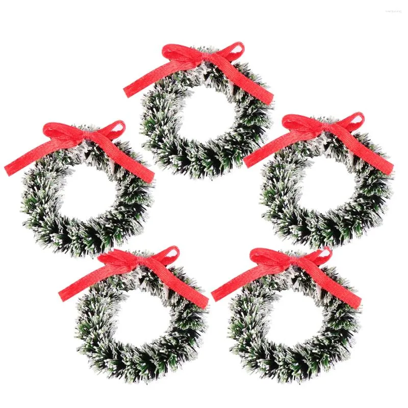 Decoratieve Bloemen 5 Stuks Kerstkrans Kunstmatige Frosted Pine Met Strik Bells Vakantie Ambachten Miniatuur