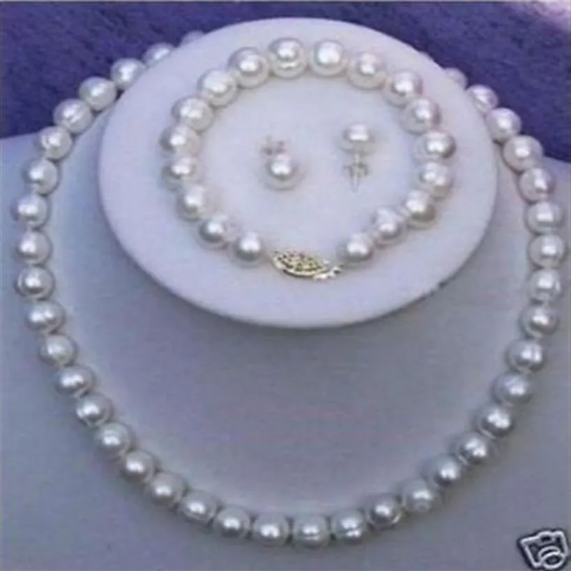 8–9 mm weiße Süßwasser-Zuchtperlen, Halskette, Armband, Ohrringe, Set247b