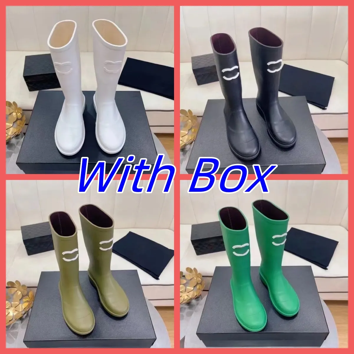 مع Box Women Rain Boots الكعب الكثيف سميكة حذاء الكاحل الحذاء المطاط النسائي G220720