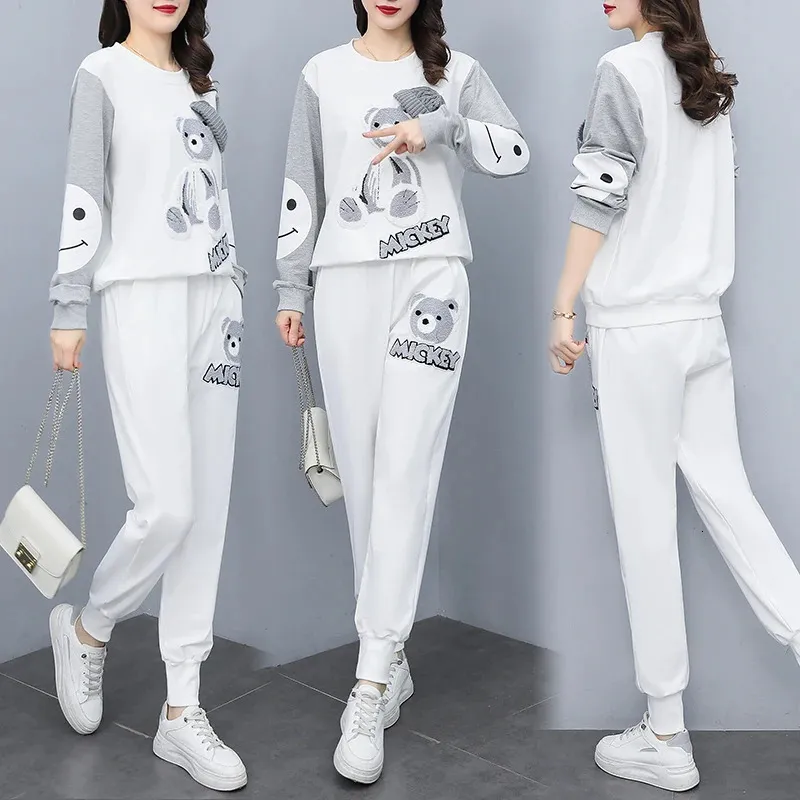 Women's Two Piece Pants Grey Large Women's Wear Set Autumn Fat Sister Slimming Aging Reducing Fashion Sweater Pants Casual Pants Two Piece Set 231216