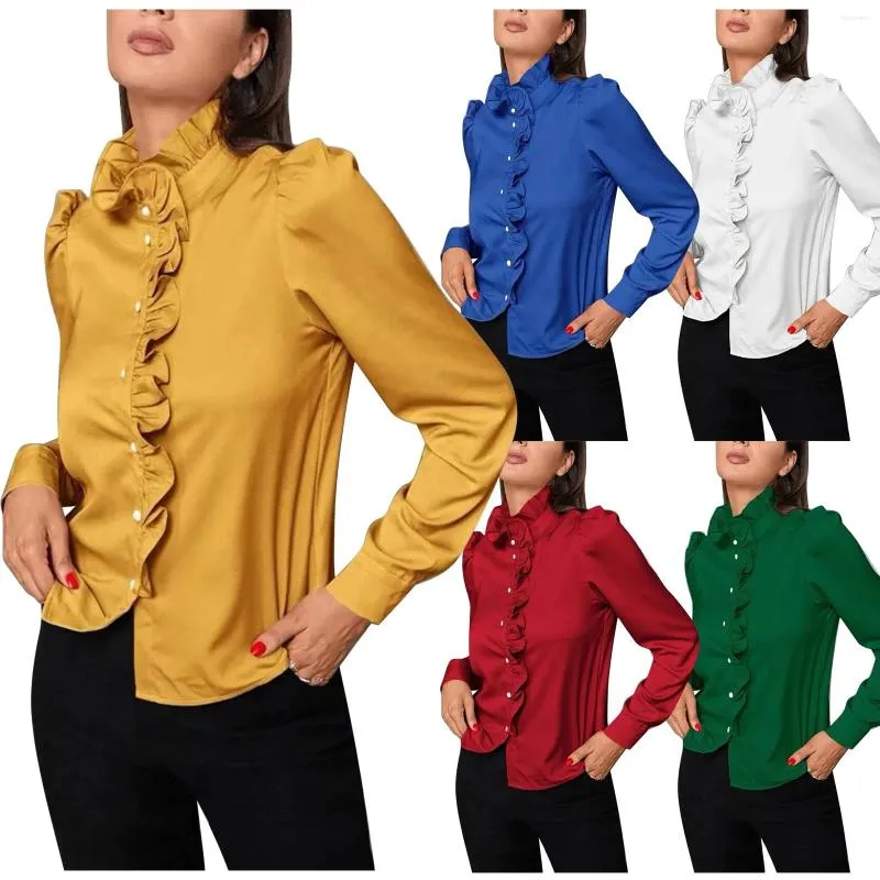 Kvinnors blusar Spring Autumn Elegant Shirt Top Long Sleeve Solid Color Single Button Ruffle Collar Straight Blus Basic Ladies Tops