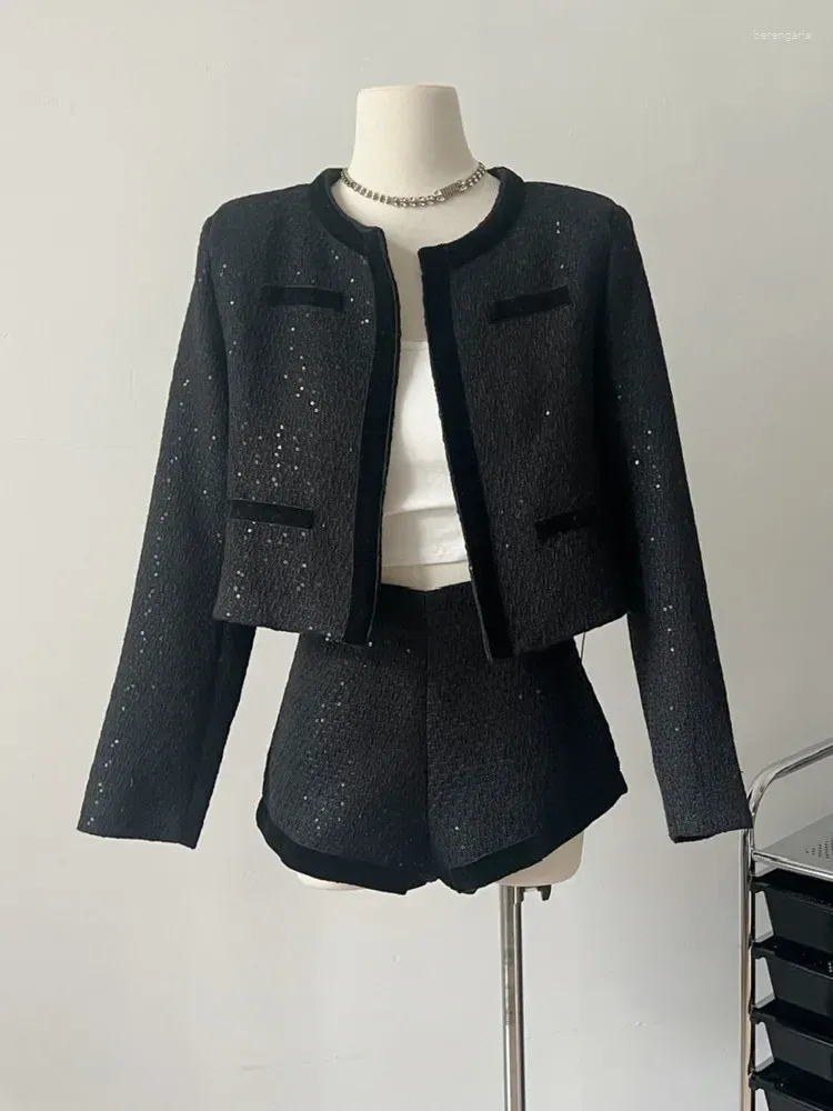 Women's Shorts Autumn Black Tweed Two Piece Suits Women Korean Fashion Luxury Long Sleeve Sequined Jacket 2 Pcs Matching Sets