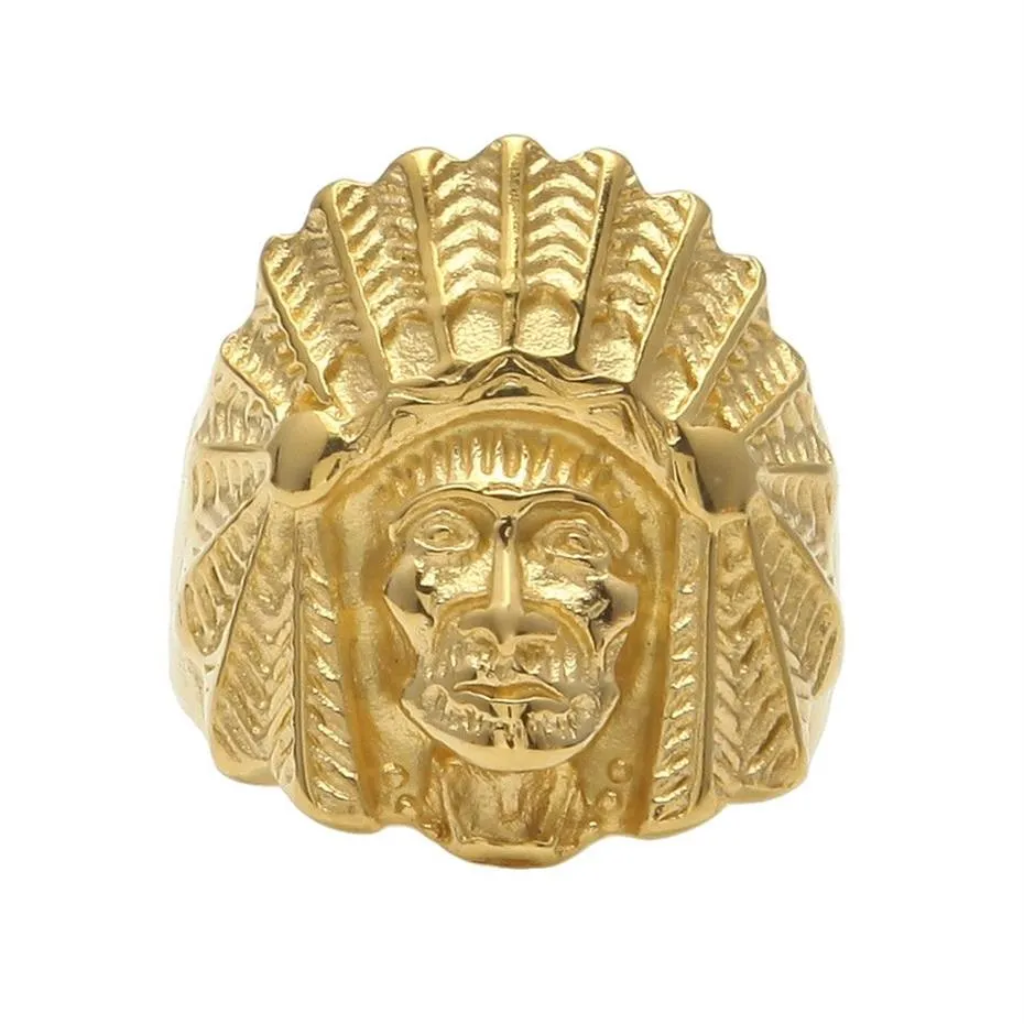 Men Women Vintage Stainless steel Ring Hip hop Punk Style Gold Ancient Maya Tribal Indian Chief Head Rings Fashion Jewelry250B