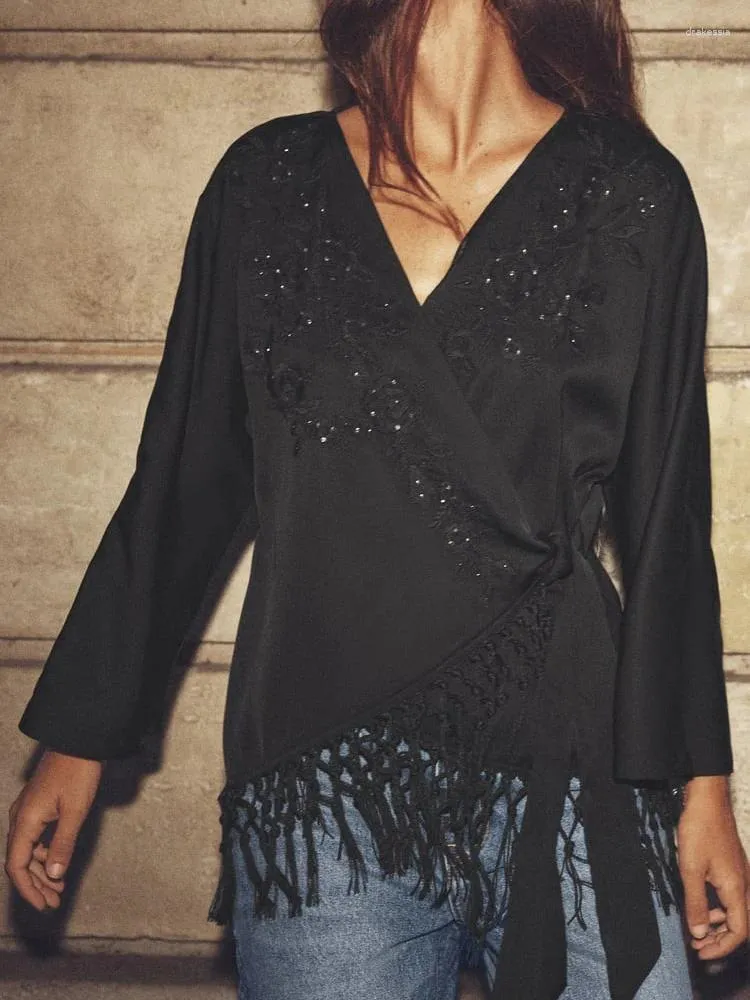 Women's Blouses 2023 Fashion Black Fringed And Embroidered Wrap Tops V-neck Long-sleeved Spring Autumn Shirts Blouse Top