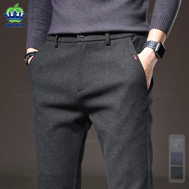 Pantalon pour hommes 2023 Hiver Brossé Tissu Casual Business Mode Slim Fit Stretch Épais Gris Bleu Noir Coton Pantalon Mâle 231216