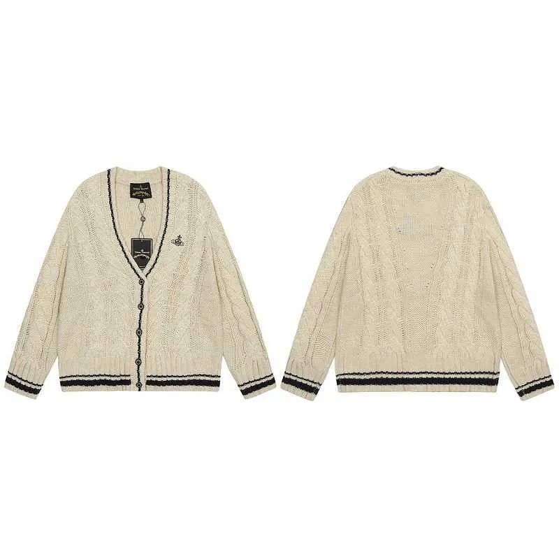 Suéter masculino Vivi Empress Dowager Saturn V-neck Lã Tricô Cardigan Feminino Novo Preto e Branco Cor Contraste Frito Massa Torcida Suéter Jaqueta