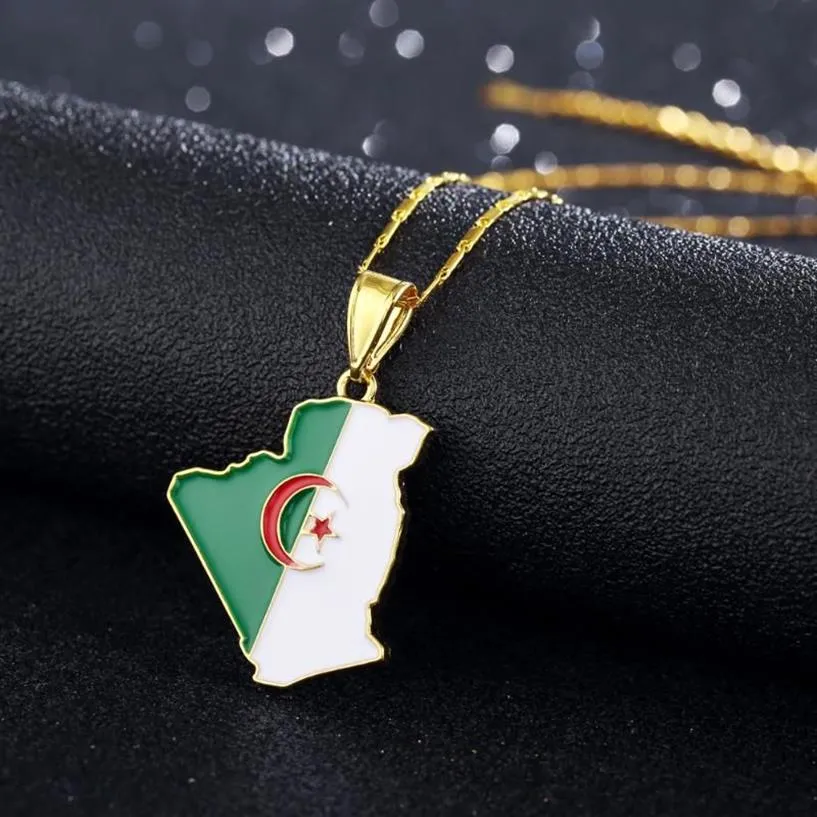 Pays algérie carte drapeau pendentif collier couleur or Bijoux à la mode cartes de l'algérie cadeaux ethniques Bijoux Femme225I