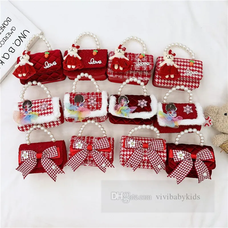 Noël enfants perles de velours rouge chaîne sacs à main filles fleur plaid arcs lapin applique sac à bandoulière unique enfants sacs de messager en peluche Z6096