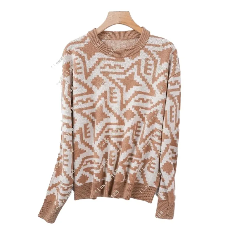 Wool Star Jacquard Sweater, Womens Casual Knitwear With Fleece Dog Design, Irregular Pattern, Hooded, Tan, Slim Fit, Long Sleeve M Size,  Fashionable For Spring 2024 From 35,19 €