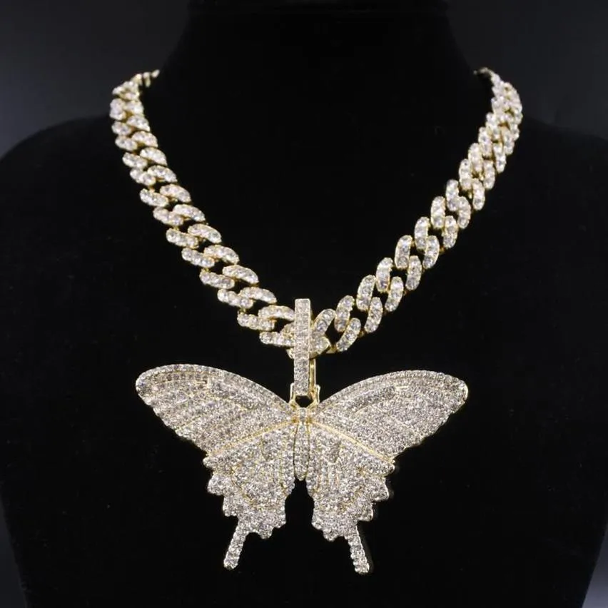 Colgante de mariposa de gran tamaño para hombre y mujer, colgante de burbuja de 12mm, cadena cubana de miami, collar de hip hop, regalo de rapero, joyería para hombres y mujeres, golden267V