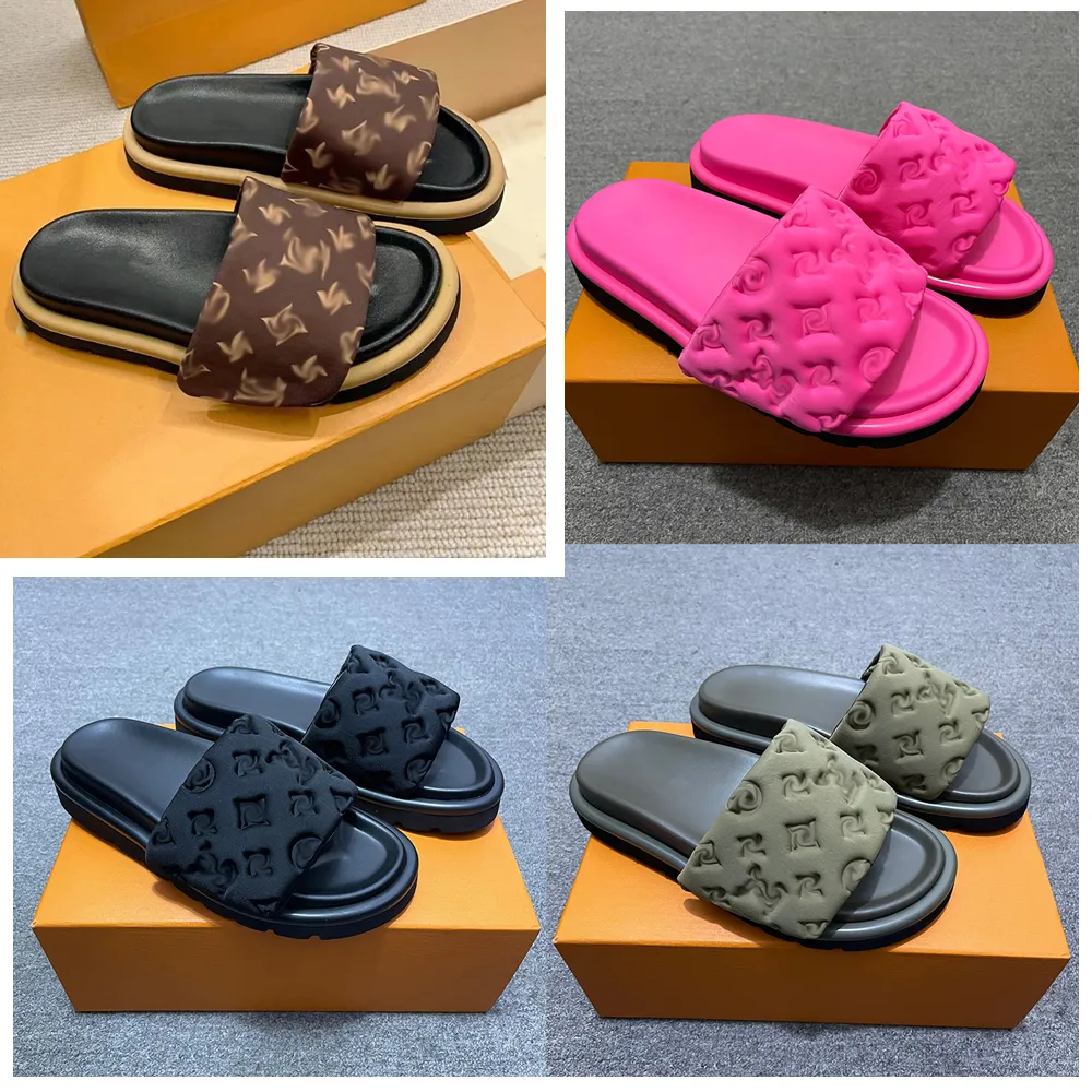 Designers Piscine Oreiller Mules Hommes Femmes Hors Bureau Talon Plat Été Paresseux Mode Tongs En Cuir Sexy Plage Noir Louiselies Vittonlies Sandales