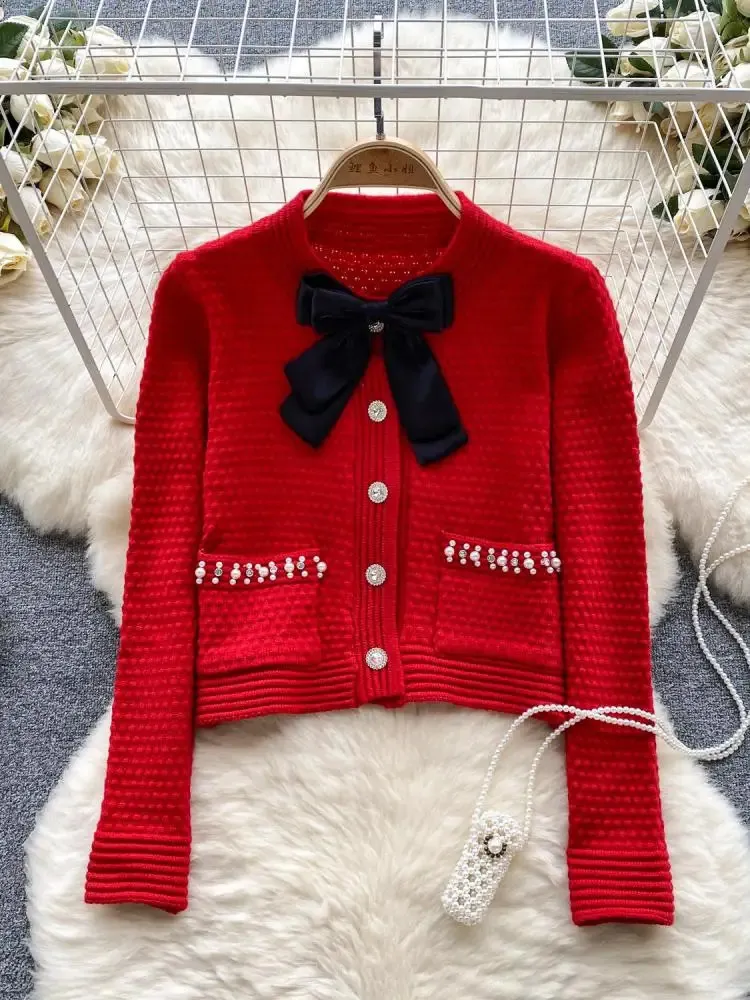 Womens Sweaters Fashion Red Party Pearl Warm Sweater Winter Black Office Lady Loose Ladies Beading Autumn Sweet Cardigan Bow White Knit Top 231216