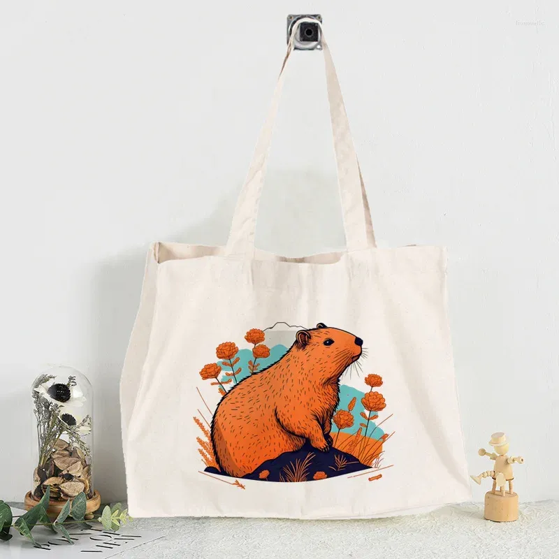 Borse per la spesa Animali divertenti Capibara Borsa carina per cartoni animati Stampa Design originale Tela da viaggio moda unisex bianca