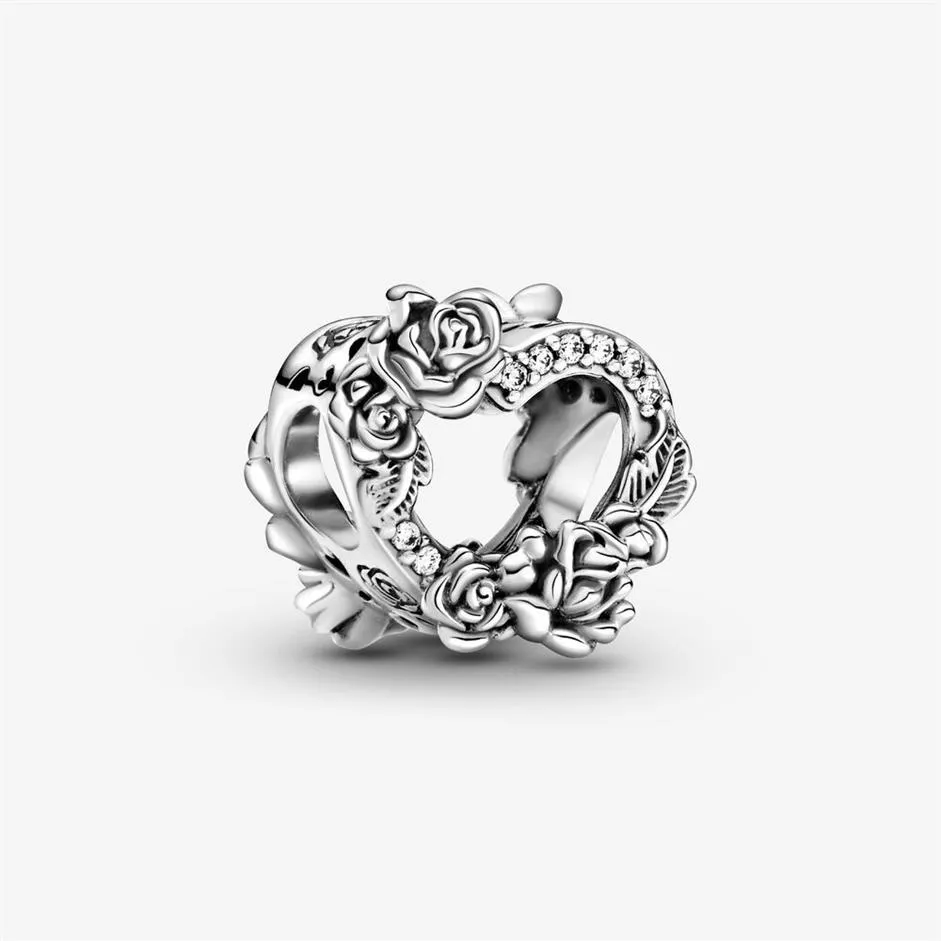 100% 925 Sterling Silver Open Heart Rose Flowers Charms Fit Original European Charm Armband Women Wedding Engagement JE188C