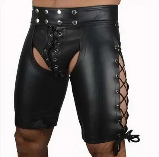 Bras sätter sexig underkläder gay män faux läder snörning byxor svart herr latex pvc bondage öppen Cortch shorts gotisk fetisch 231216