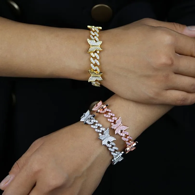 2021 Bracciale da donna Hip Hop con ciondolo a forma di farfalla, braccialetto a catena cubana, con bianco rosa 5A, cz pavimentato in oro, oro rosa, colore argento per le donne W230o