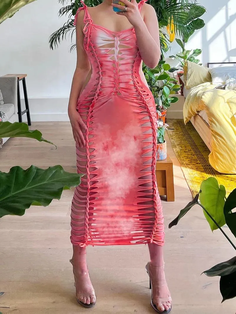 Casual Dresses Women Pink Tie Dye Print V Neck Midi Dress Slips Bandage Backless Irregular CutOut Sexy Slim Summer Outfits Holiday Sundress