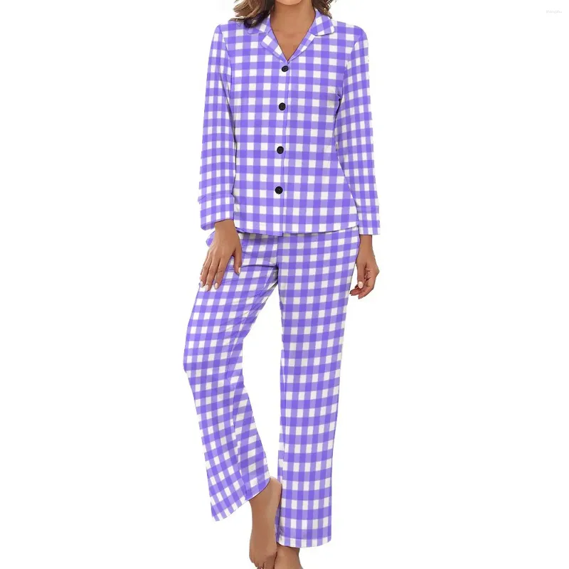 Женская одежда для сна, синие и белые пижамы в клетку, модные пижамные комплекты с длинными рукавами в клетку, комплект из 2 предметов, осенний домашний костюм с принтом
