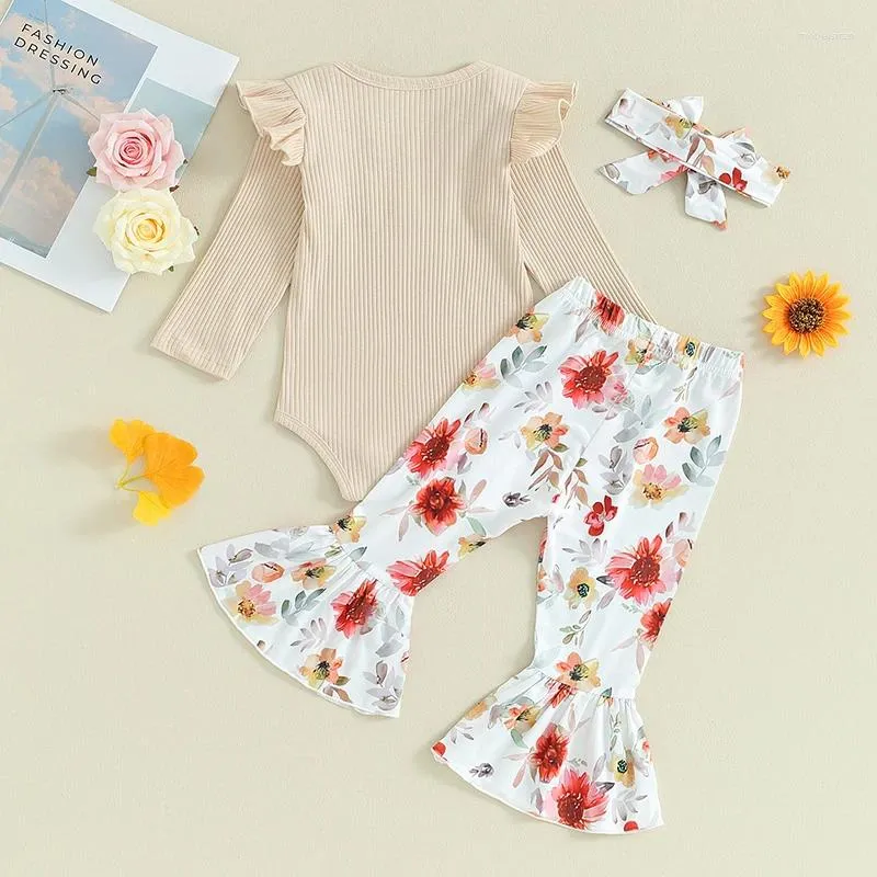 Clothing Sets Born Girl Fall Clothes Solid Color Ribbed Long Sleeve Romper With Flower Flare Pants And Bow Headband Outfit