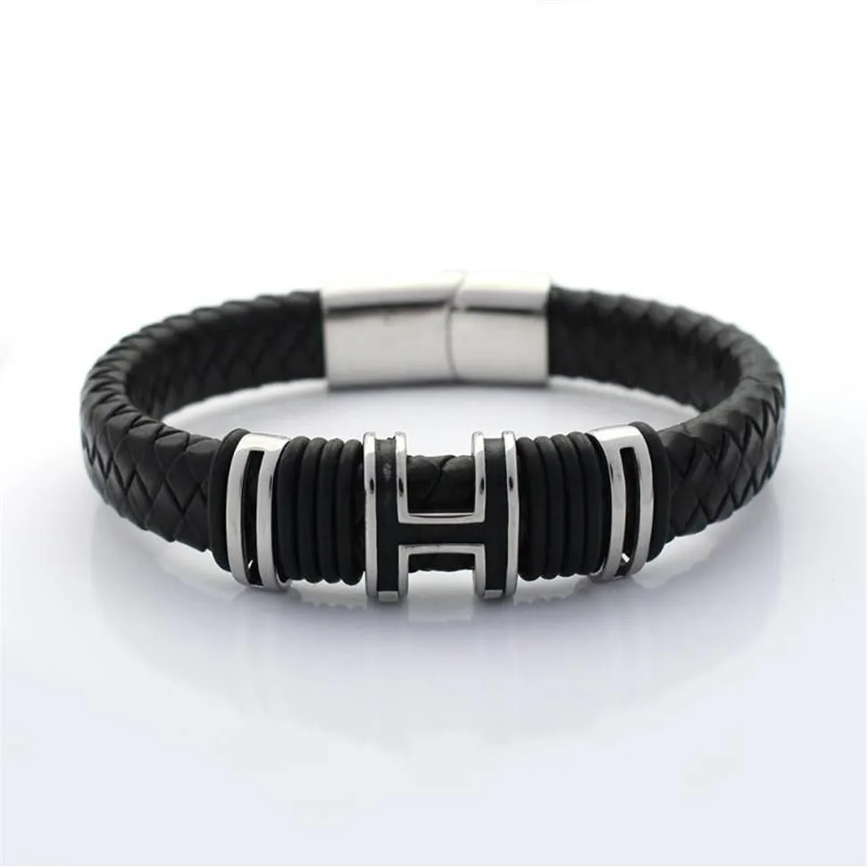 12MM Wide Braided Retro Genuine Leather Bracelet For Men Stainless steel H Bead Bracelets with Magnet Clasp343K