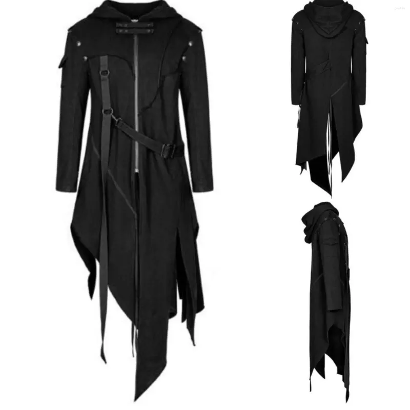 Erkek Ceketler Punk kapüşonlu ceket cos siyah gotik trençkot ütopya cadılar bayramı kıyamet kapşon