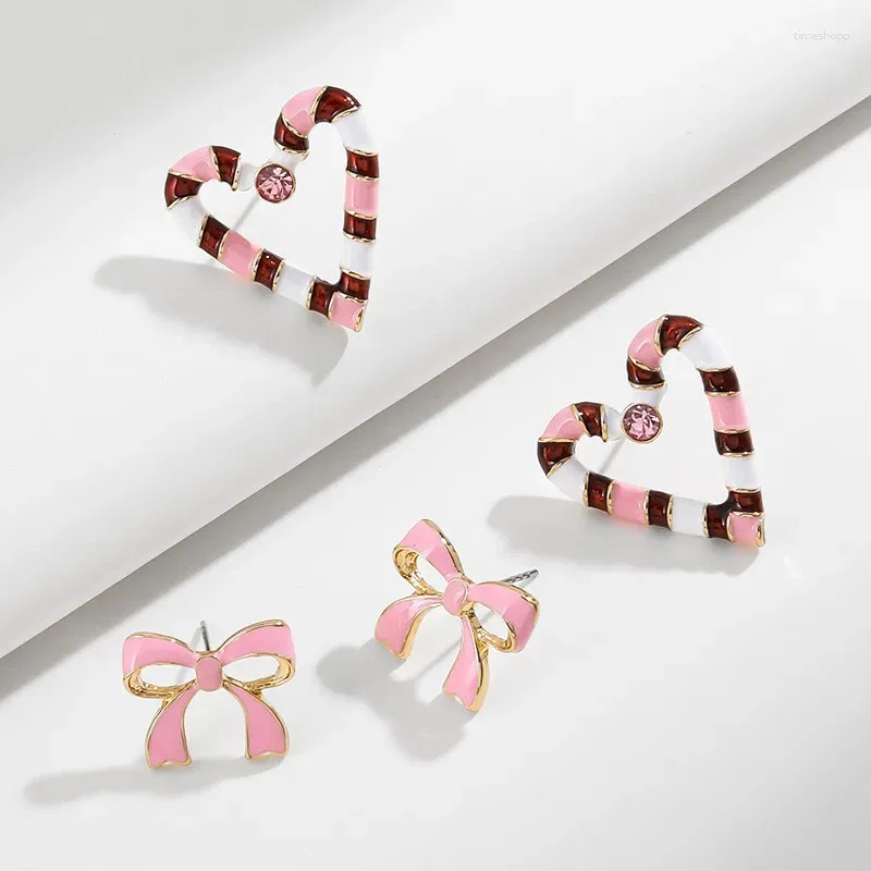 Stud Earrings Trend Sweet Enamel Pink Bowknot Bow Peach Love Heart For Women Girls Harajuku Y2k Lolita Earring Accessories