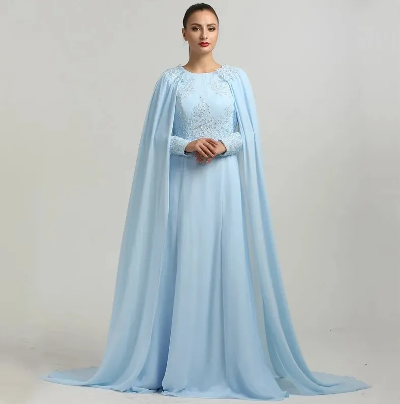 2024 Sky Blue Evening Pageant Dress with Cap ärmar O-Neck spetsapplikationer Chiffon Muslim Prom Formal klänning Vestidos de Gala Robe de Soiree