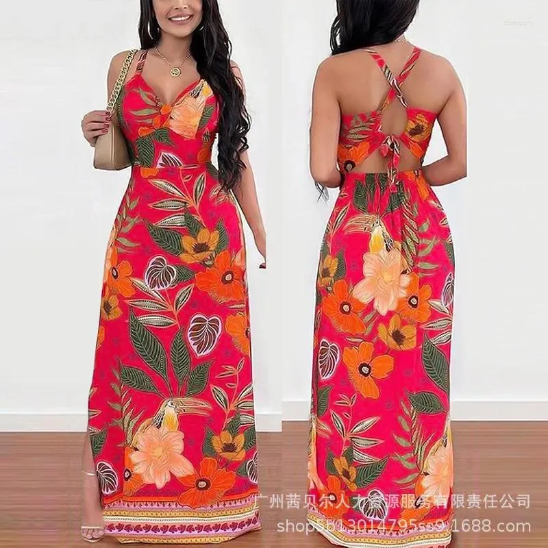 Robes décontractées Imprimé tropical Crisscross Maxi Robe 2023 Dos nu Été Femmes Sling Col V Longue Floral Taille Haute Robes