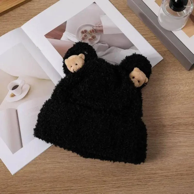 Berets Woolen Hat Winter Headwear Women's Plush Windproof Beanie With Cartoon Ear Decor Thick Warm Anti-slip High-quality