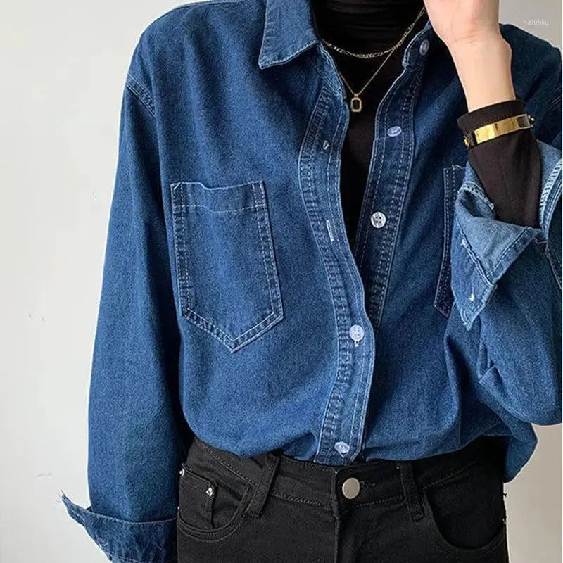 Kadınlar bluzlar Vintage mavi kadın kot gömlekler rahat uzun kollu tek göğüslü jean bluz kadın 2023 bahar sonbahar tasarım tarzı blusas