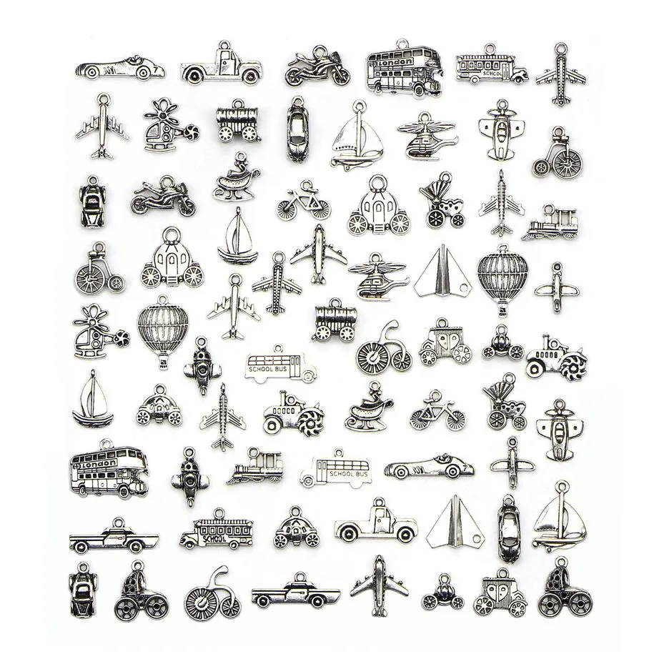 Mixed 70 Designs Retro Silver Color Traffic Transportation Pendant Fitting Vehicle Ship Aircraft Charms DIY Jewelry Accessories 702461