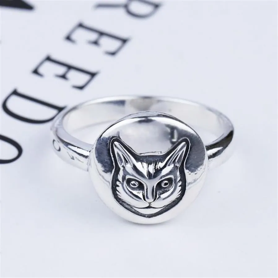 Anel de cabeça de gato de prata s925 clássico vintage prata esterlina anel de rosto de gato estilo britânico hip-hop masculino e feminino anel de prata tailandesa 269h