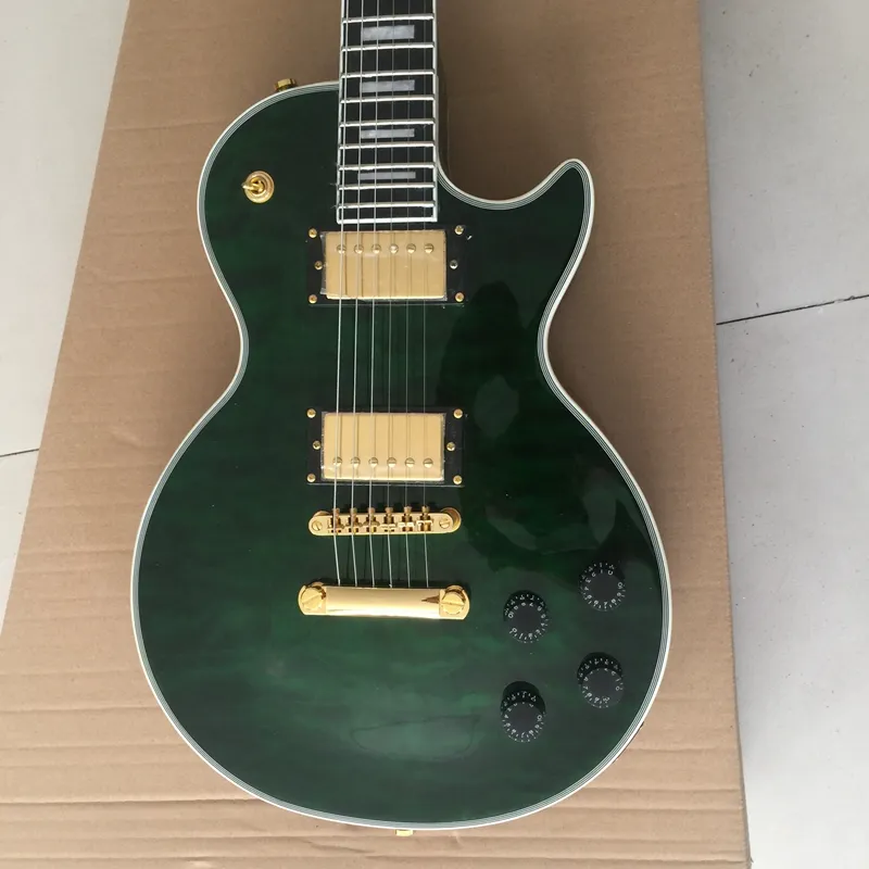 Guitarra elétrica personalizada, explosão verde, topo de bordo figurado especial, hardware dourado, frete grátis