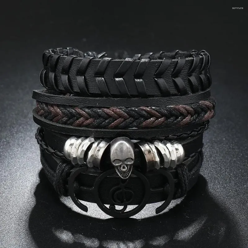 Charm Bracelets Rock Roll 4Pcs/ Set Skull Leather Bracelet For Men Hand Braided Wrap Wristband Rope Mens Beads Jewelry