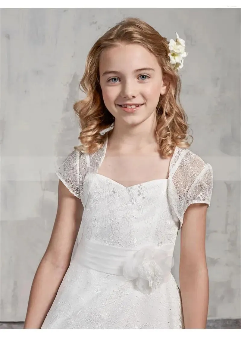 Robes de fille robe de fleur blanc satin dentelle appliques ceinture de mariage élégant enfant eucharistie fête d'anniversaire bal