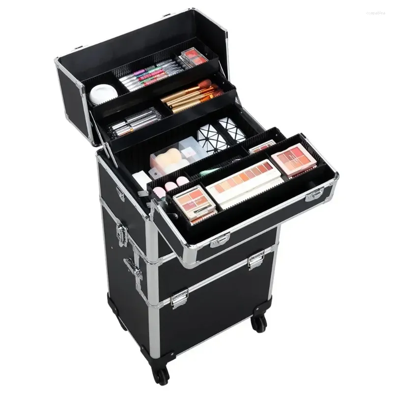 Opbergdozen Professionele make-upkoffer 3 in 1 draagbare trolley Zwart