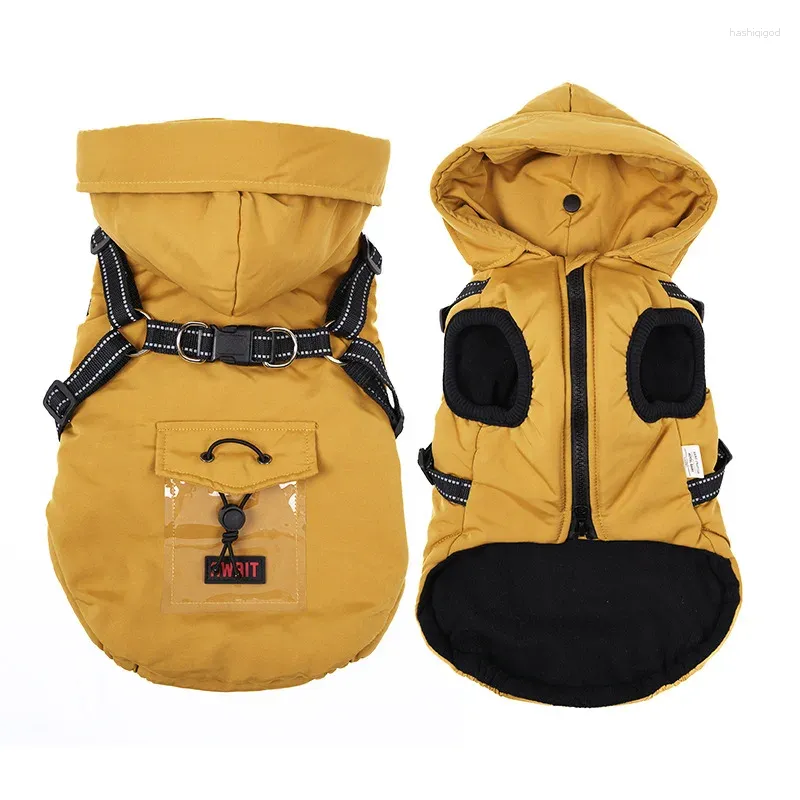 Hondenkleding Kleding Winter Warm waterdicht jack met harnas Veiligheid Reflecterende capuchon Pet Outfit Comfortabele puppyjas voor kleine honden