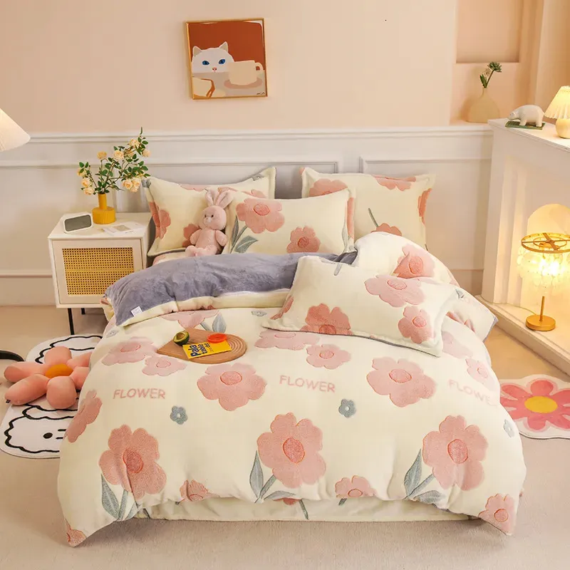 Bedding Sets Thick Fleece Warm Flannel Coral Winter Duvet Cover