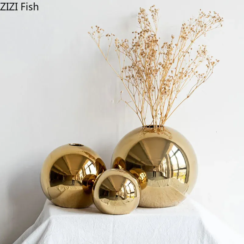 Vazen Plating Gouden Bal Keramische Vaas Woondecoratie Ornamenten Ambachten Bloempot Art Hydrocultuur Ornament Gift 231216